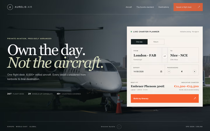 The Aurelis Air home page: “Own the day. Not the aircraft.” over a photograph of a private jet at dusk, beside a live charter planner showing London to Nice