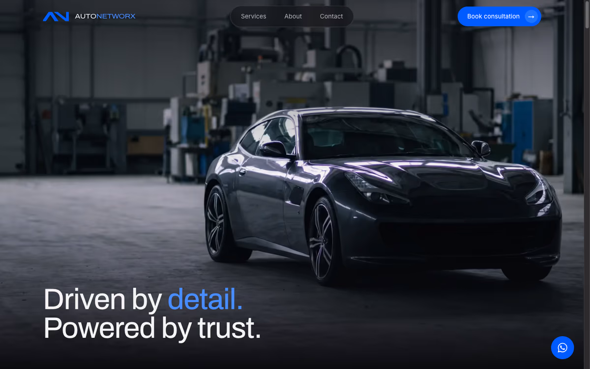 The AutoNetworx home page: a dark full-width photograph of a car in a workshop behind a large headline