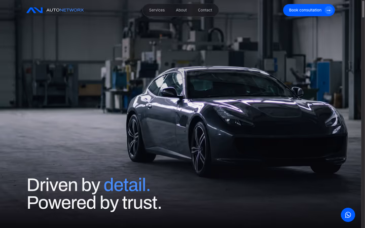 The AutoNetworx home page: a dark full-width photograph of a car in a workshop behind a large headline