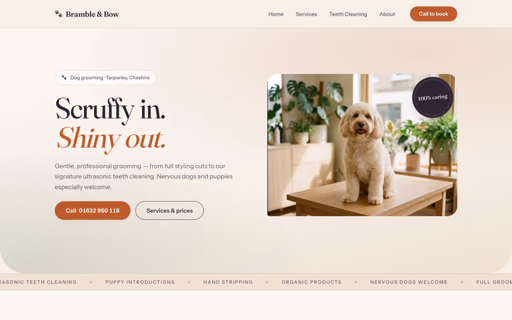 The Bramble & Bow home page: “Scruffy in. Shiny out.” beside a photograph of a cream cockapoo on a grooming table