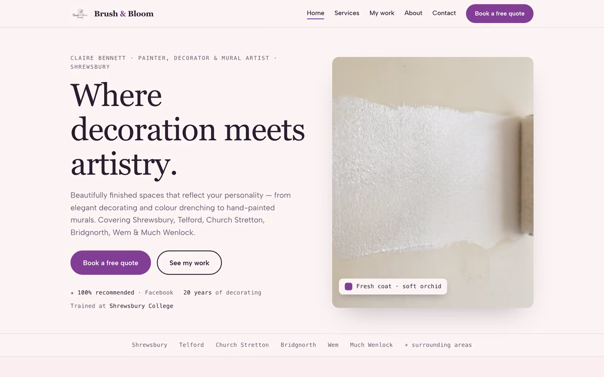 The Brush & Bloom home page: “Where decoration meets artistry.” in a serif beside a photograph of a paint roller and a soft orchid colour swatch