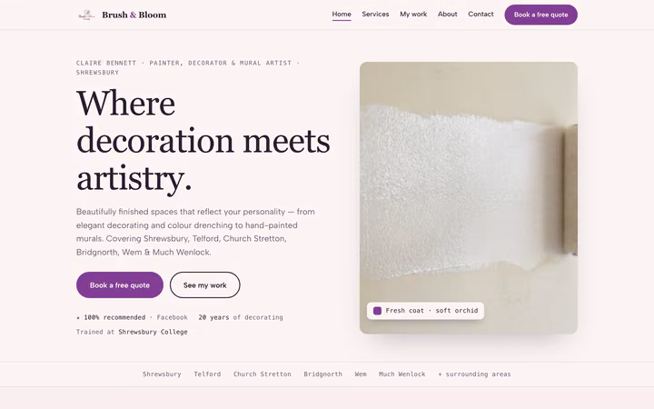 The Brush & Bloom home page: “Where decoration meets artistry.” in a serif beside a photograph of a paint roller and a soft orchid colour swatch