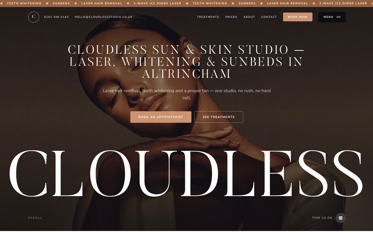 The Cloudless home page: the studio name set in wide letter-spaced caps over a warm, low-lit portrait, with the word CLOUDLESS running the full width beneath it