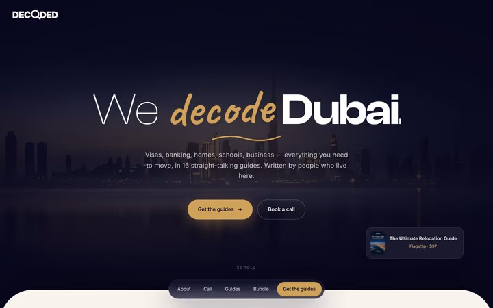 The Decoded Global home page: the headline “We decode Dubai” in white and gold over a night shot of the Dubai skyline
