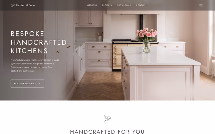 The Halden & Vale home page: “Bespoke Handcrafted Kitchens” set in wide letter-spaced caps over a photograph of a pale painted kitchen