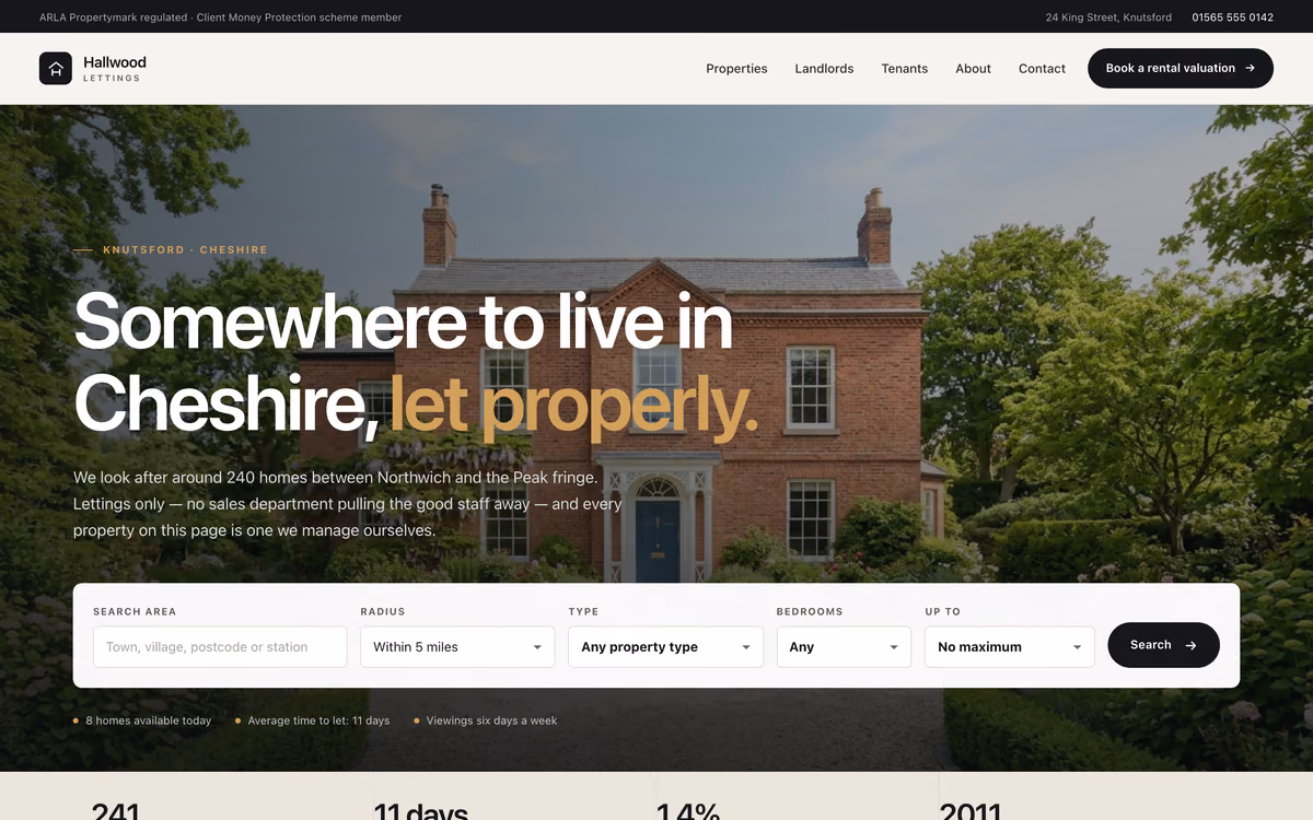 The Hallwood Lettings home page: “Somewhere to live in Cheshire, let properly.” over a photograph of a red-brick house, above a search panel for area, radius, type and bedrooms