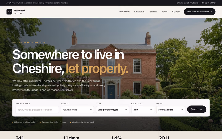 The Hallwood Lettings home page: “Somewhere to live in Cheshire, let properly.” over a photograph of a red-brick house, above a search panel for area, radius, type and bedrooms