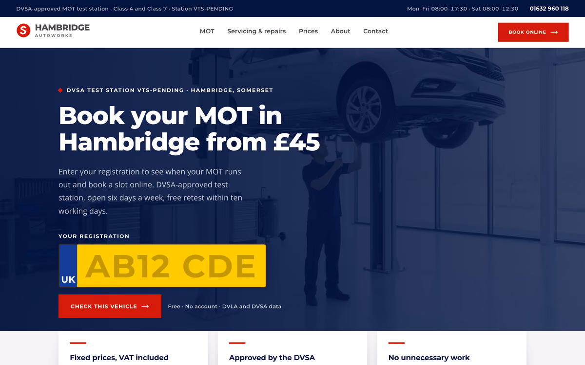 The Hambridge AutoWorks home page: “Book your MOT in Hambridge from £45” beside a number-plate input reading AB12 CDE