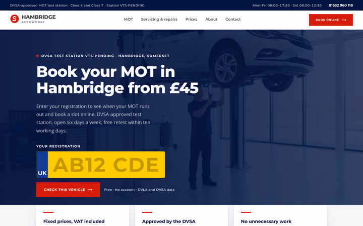 The Hambridge AutoWorks home page: “Book your MOT in Hambridge from £45” beside a number-plate input reading AB12 CDE