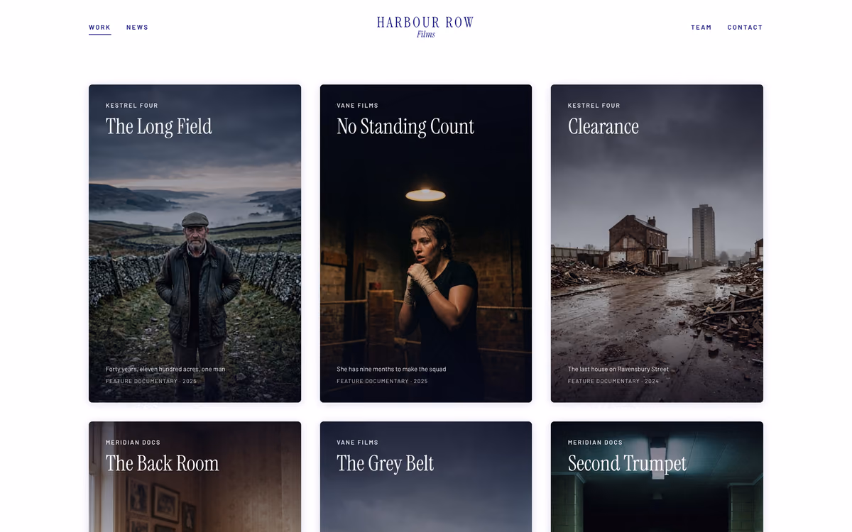 The Harbour Row Films home page: a wall of twelve film posters, each with its title set over a photograph, and no hero above them