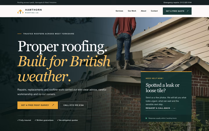 The Hawthorn Roofing Co. home page: “Proper roofing. Built for British weather.” over a photograph of a roofer stripping tiles, beside a green panel offering a call-back