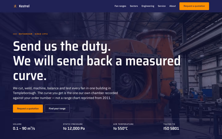 The Kestrel Air Systems home page: “Send us the duty. We will send back a measured curve.” in white over a dark navy factory photograph