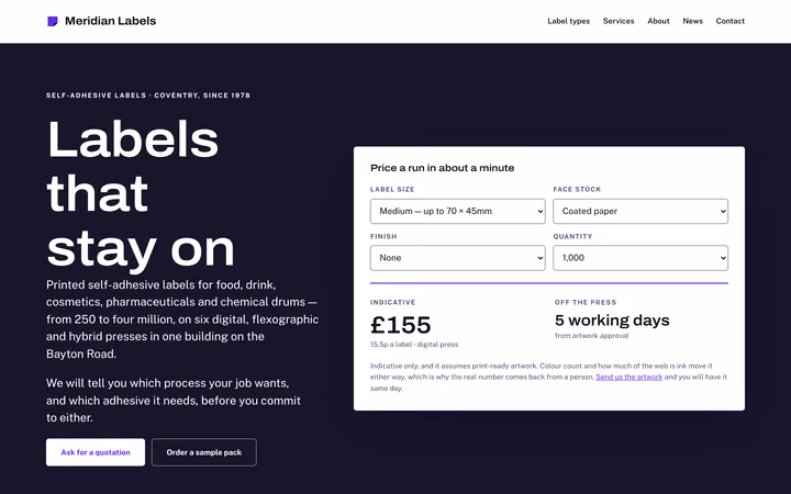 The Meridian Labels home page: “Labels that stay on” beside an instant price panel showing £155 for 1,000 labels and five working days