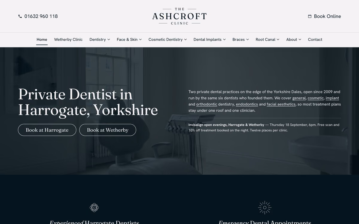 The Ashcroft Clinic home page: the headline “Private Dentist in Harrogate, Yorkshire” over a dark treatment-room photograph, above a seven-item mega navigation