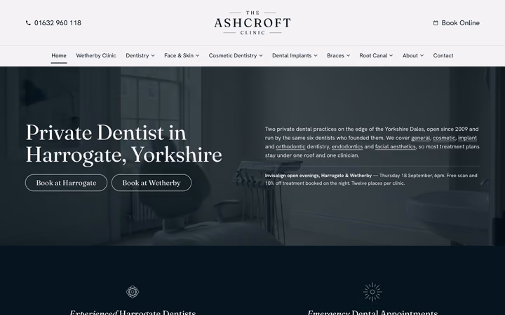 The Ashcroft Clinic home page: the headline “Private Dentist in Harrogate, Yorkshire” over a dark treatment-room photograph, above a seven-item mega navigation