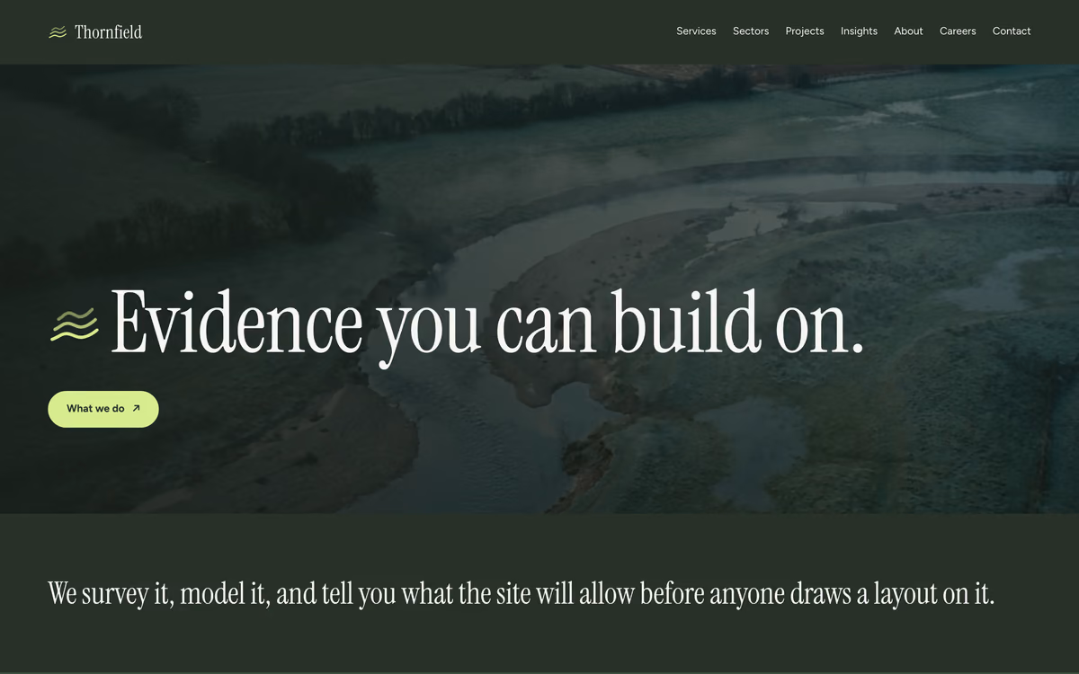 The Thornfield Environmental home page: “Evidence you can build on.” in a high-contrast serif over an aerial photograph of a river meander