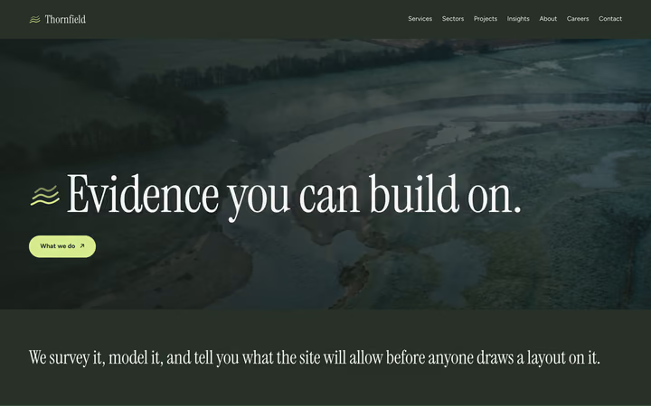 The Thornfield Environmental home page: “Evidence you can build on.” in a high-contrast serif over an aerial photograph of a river meander
