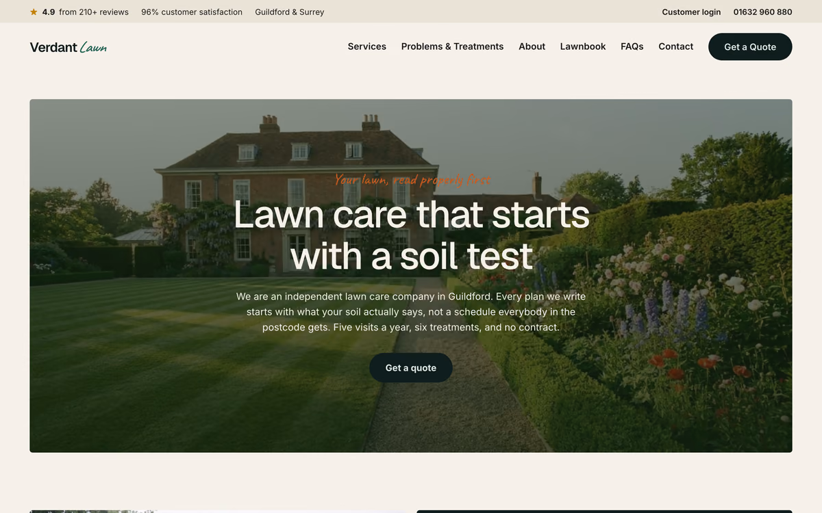 The Verdant Lawn Co home page: “Lawn care that starts with a soil test” over a photograph of a large lawn in front of a country house, with a rating and phone number in a bar above the navigation