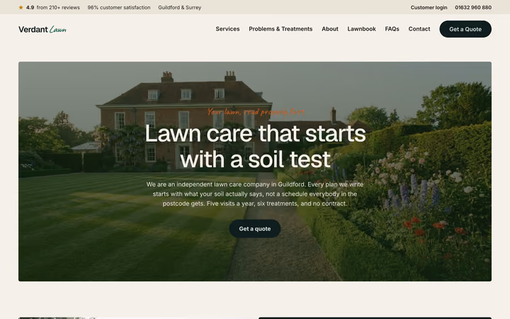 The Verdant Lawn Co home page: “Lawn care that starts with a soil test” over a photograph of a large lawn in front of a country house, with a rating and phone number in a bar above the navigation